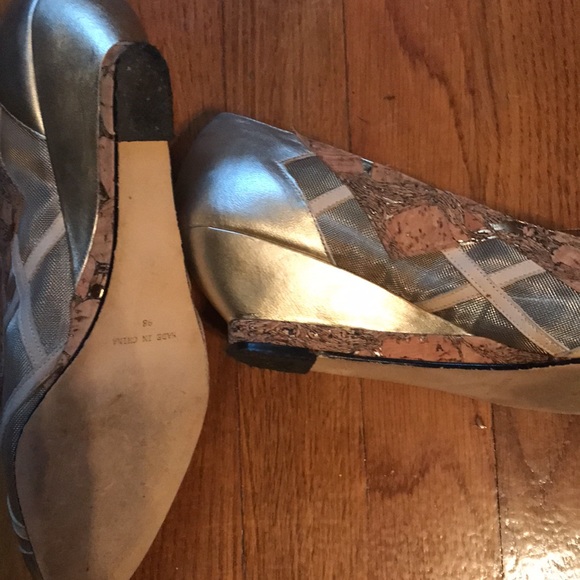 Silver unique wedges with tan, cork, and mesh accents - Picture 5 of 6